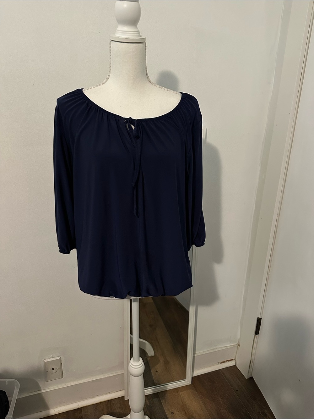 Navy Peasant Tie-Neck Women’s Top